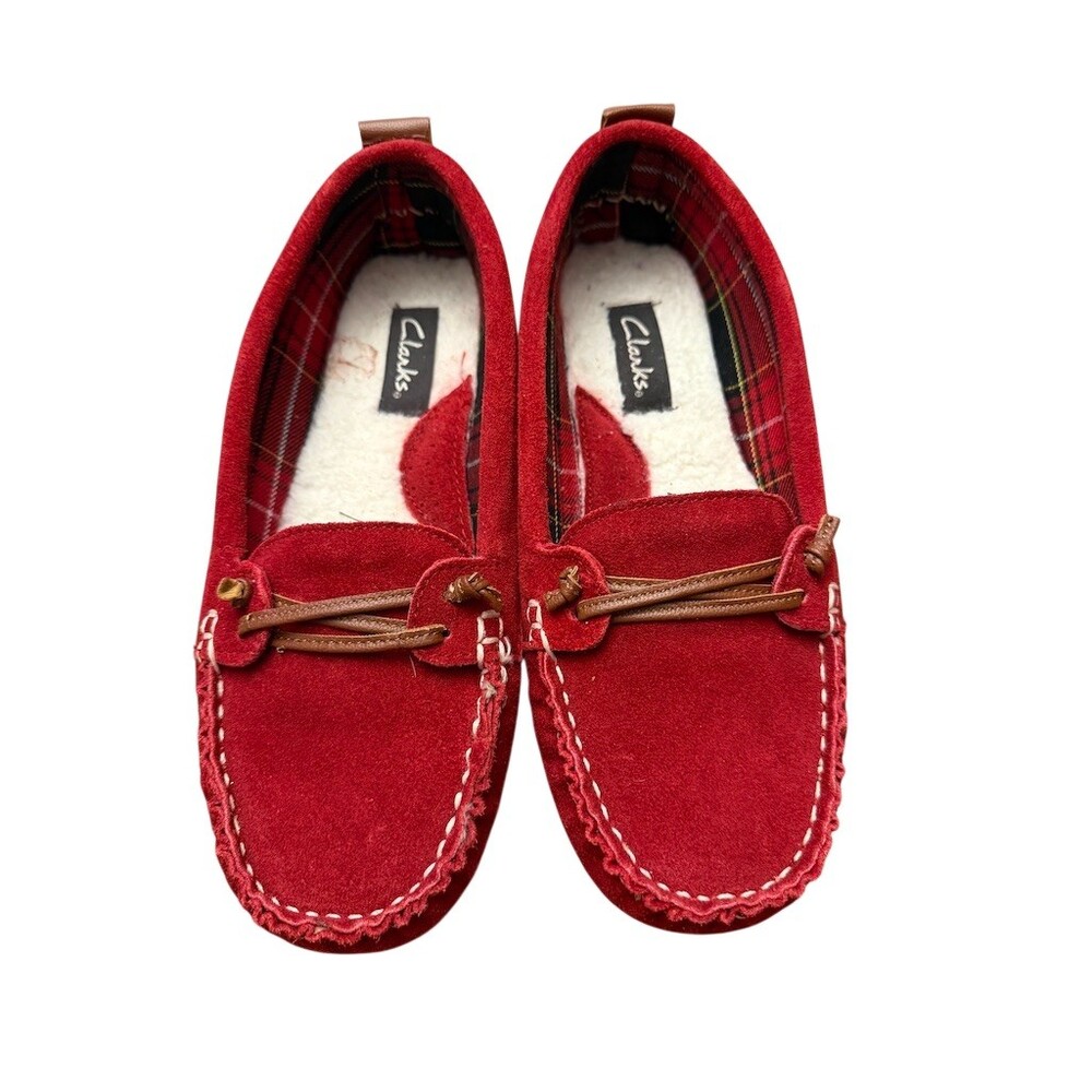Clarks Womens Moccasin Loafers Red Slip-On Faux Fur Lined Size 10 M